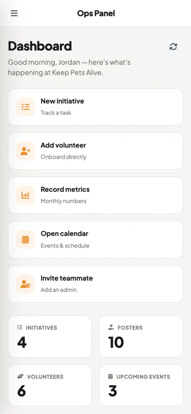 Admin dashboard with stats, a needs-attention list, and recent activity
