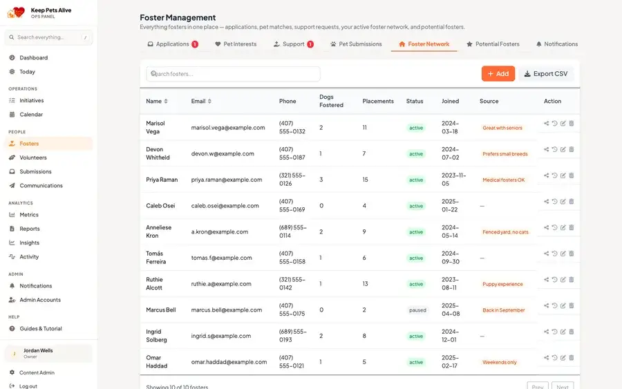 Records table with search, statuses, and a CSV export button