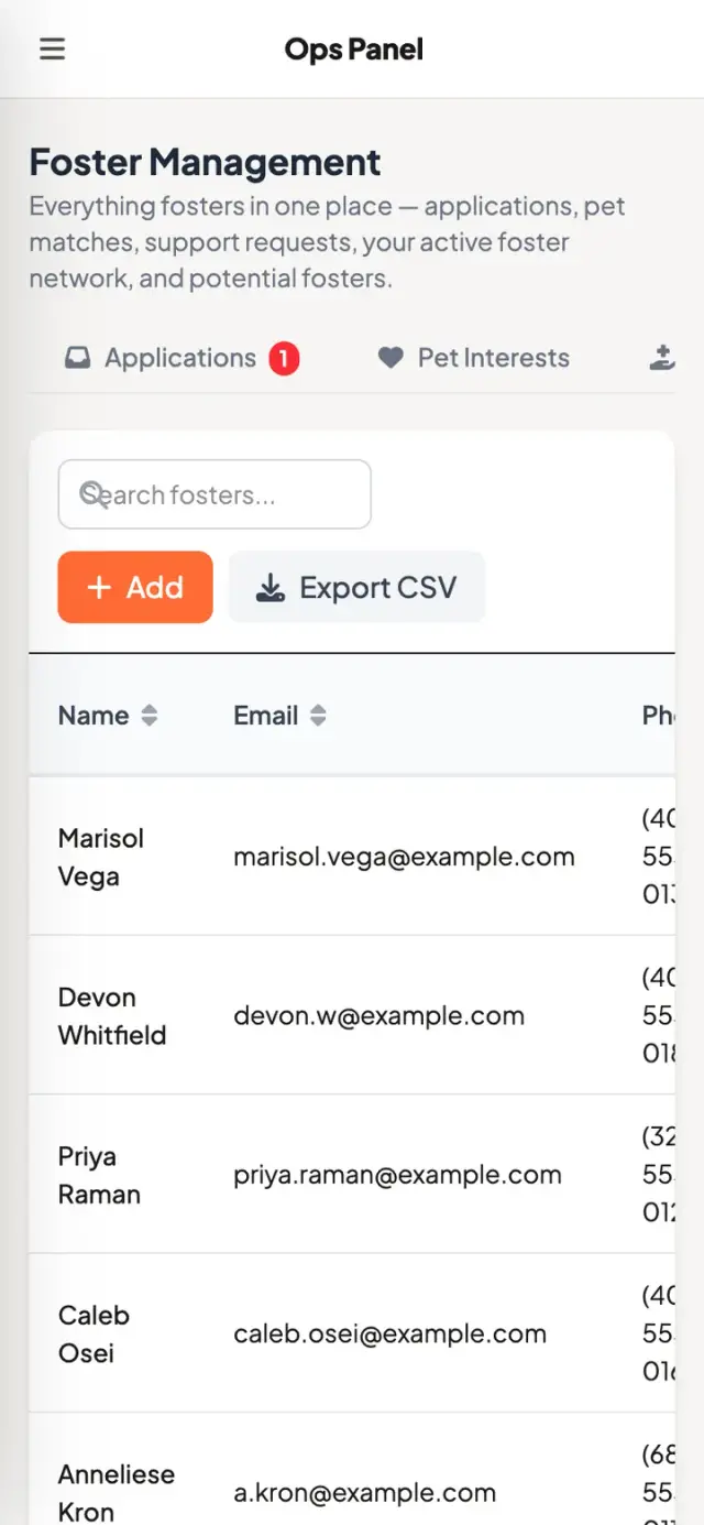 Records table with search, statuses, and a CSV export button