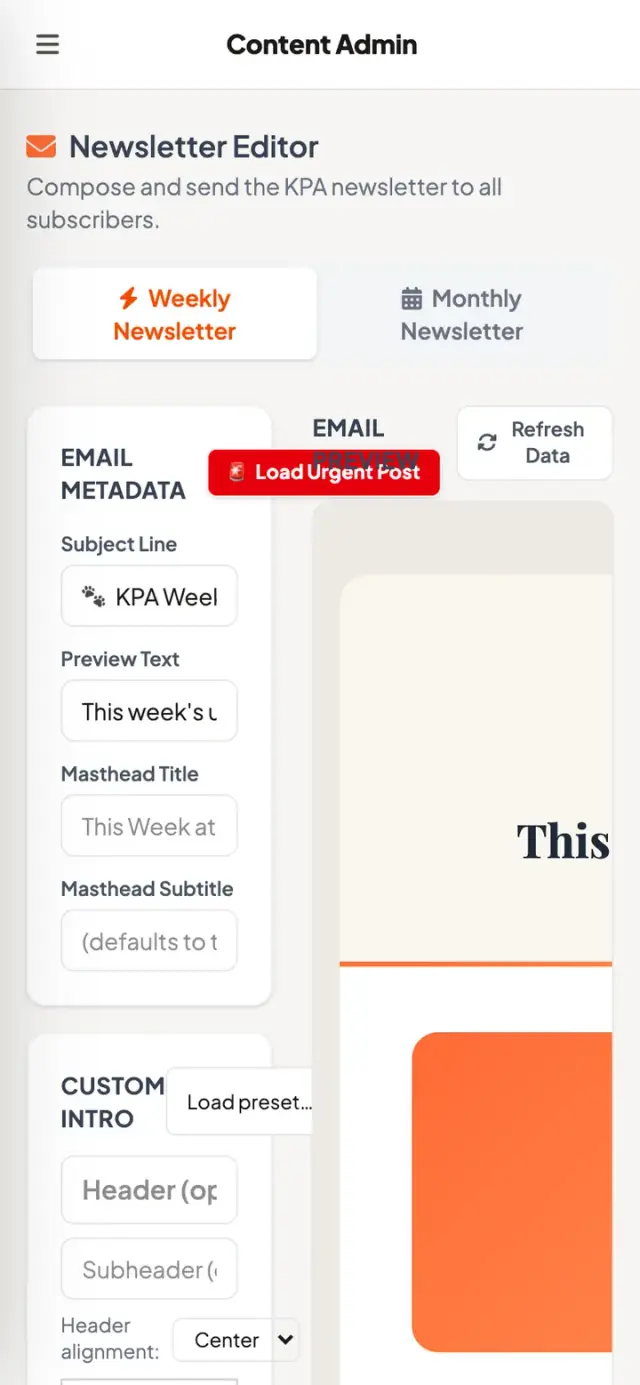 Newsletter editor with a live email preview showing this year’s rescue count and monthly goals